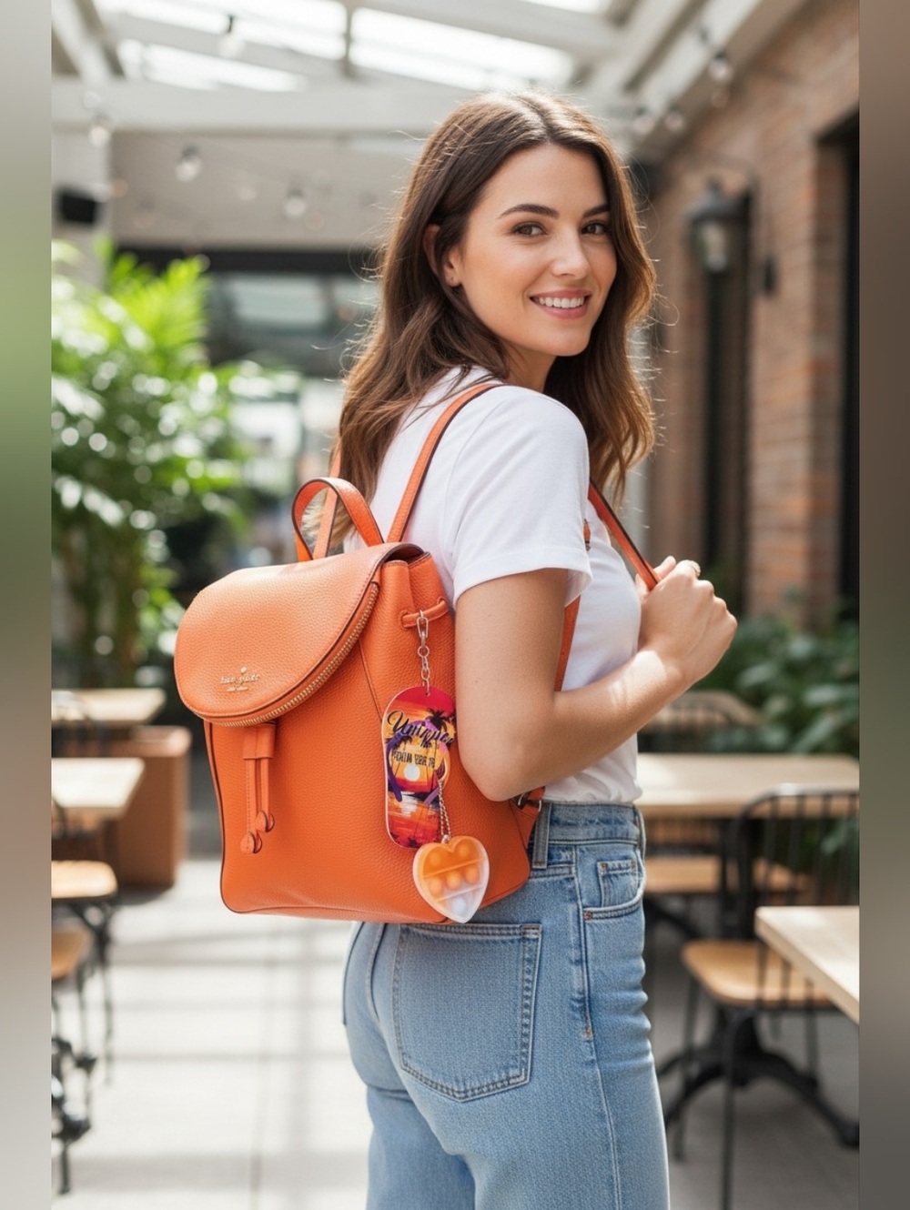 Kate Spade Leila Medium Flap Backpack In Orange & Couple Of Charms - Picture 2 of 16